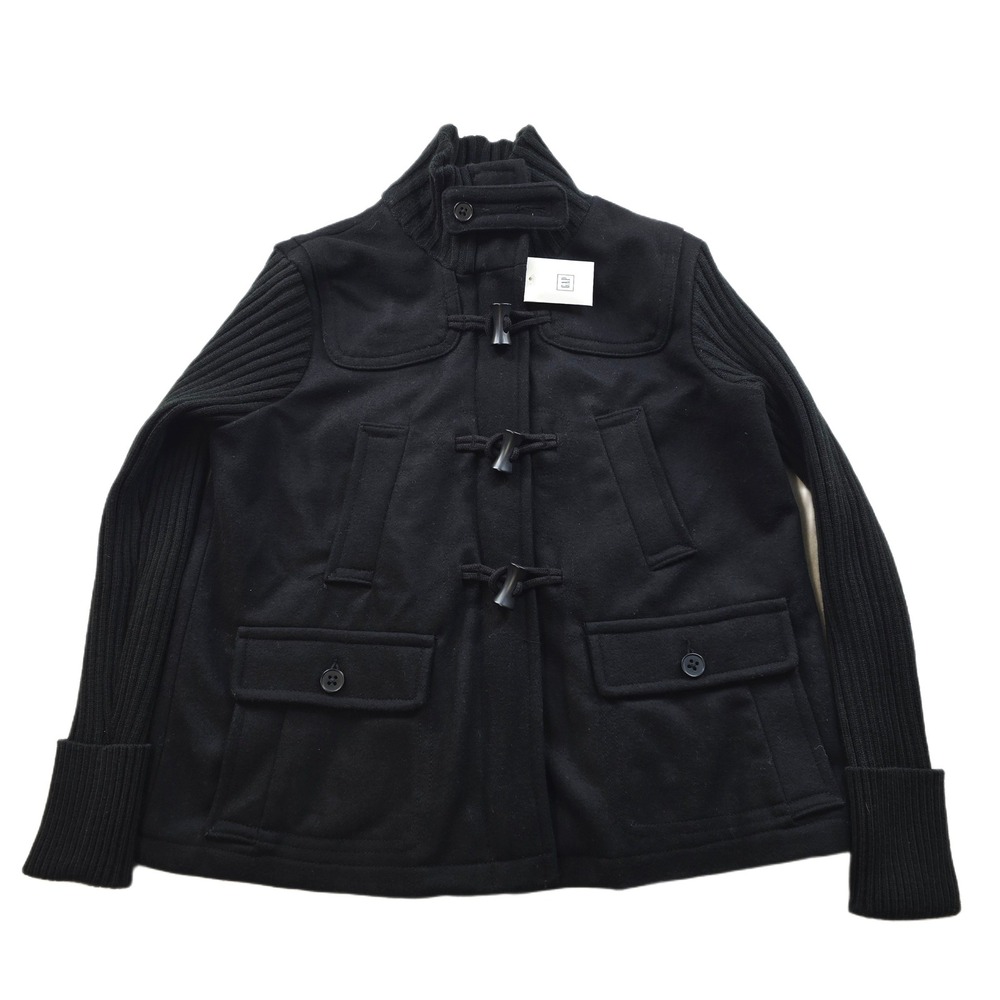 GAP Toggle Coat Ribbed Knit Sleeve Jacket Womens Large Petite LP Black Wool NEW